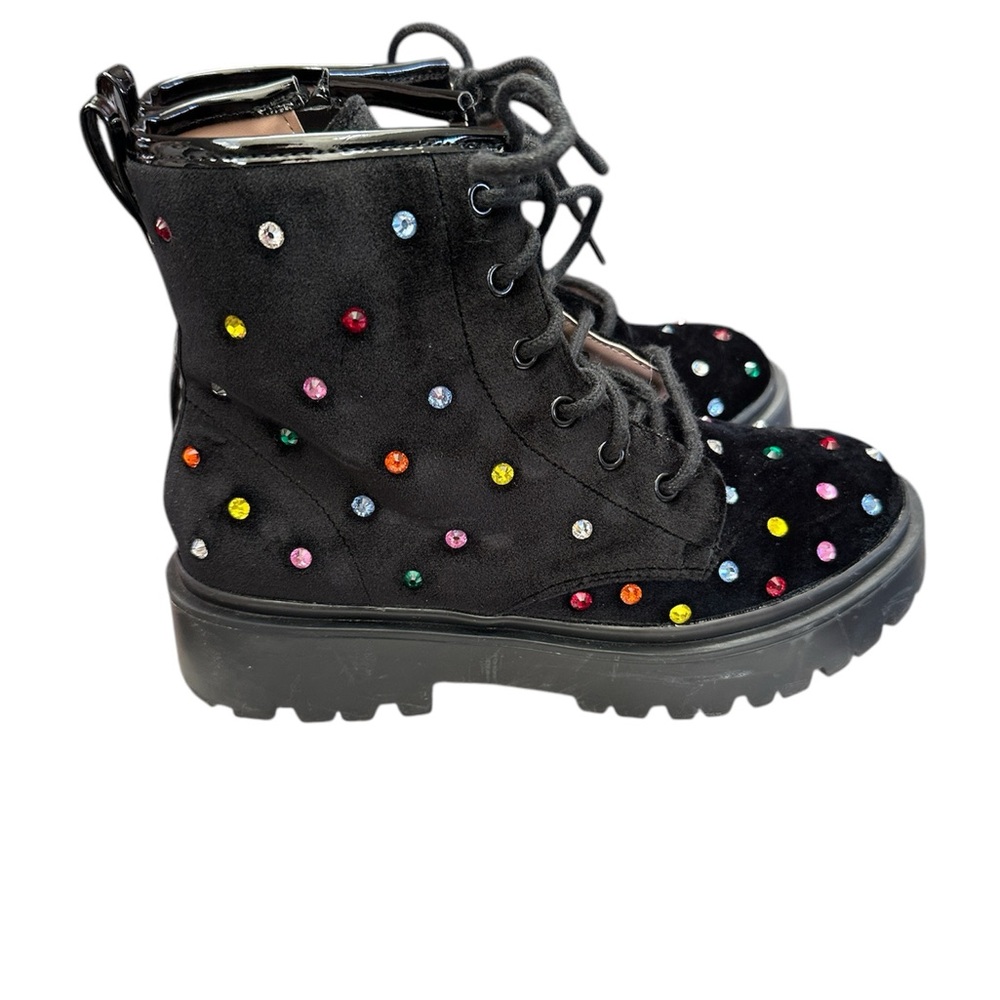Kids Betsy Johnson Black Lace-Up Boots with Colorful Jewels